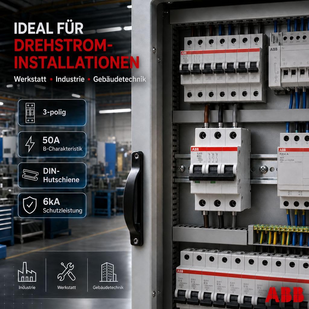 ABB S203-B50 Leitungsschutzschalter 3-polig 50A B-Charakteristik, Sicherungsautomat 6kA, LS-Schalter für Drehstrom, Automaten Sicherung für Hutschiene, System pro M compact