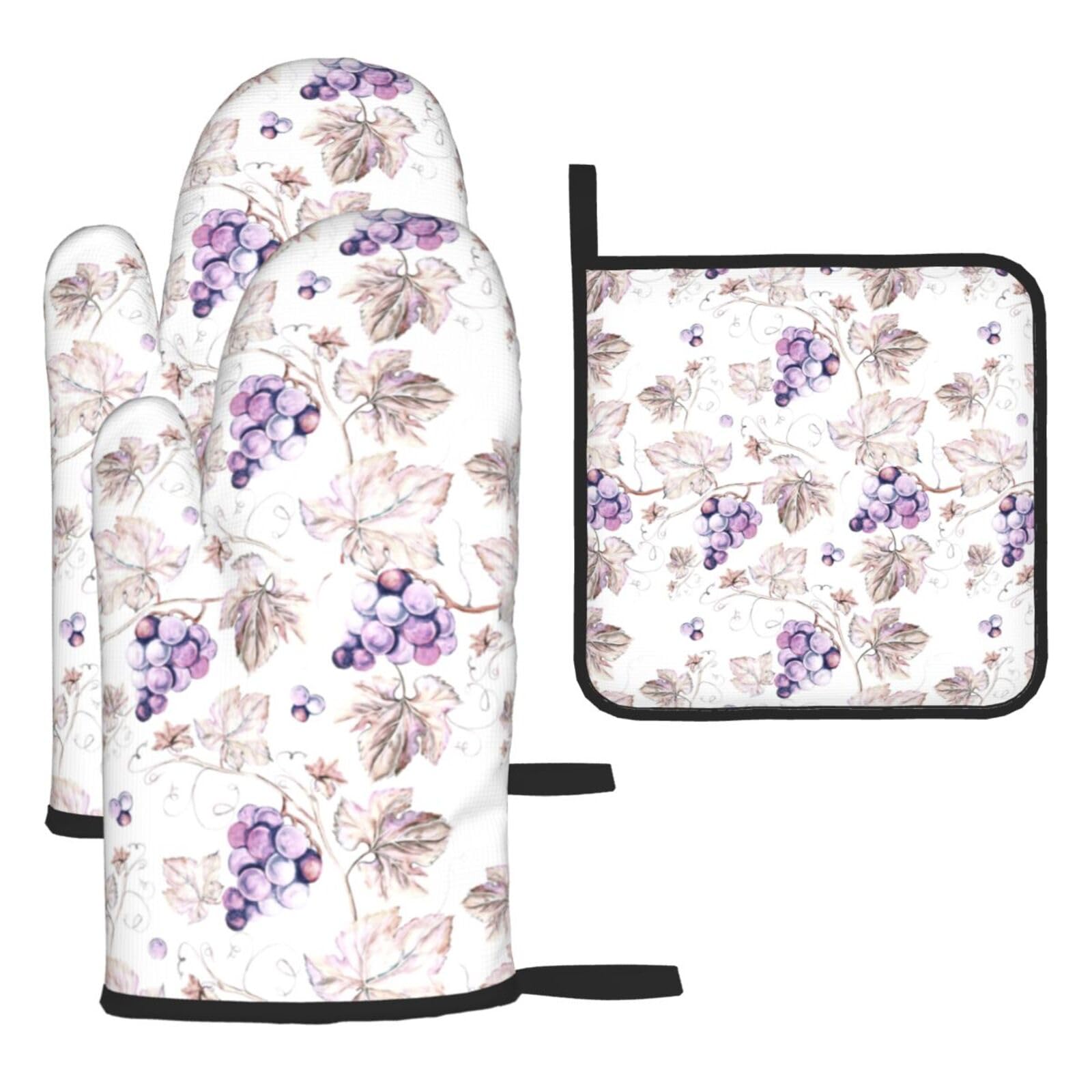 Yyoretp Black Beautiful Grape Leaves Print Oven Mitts And Potholders Bbq Gloves-Oven Mitts And Pot Holders For Cooking Baking