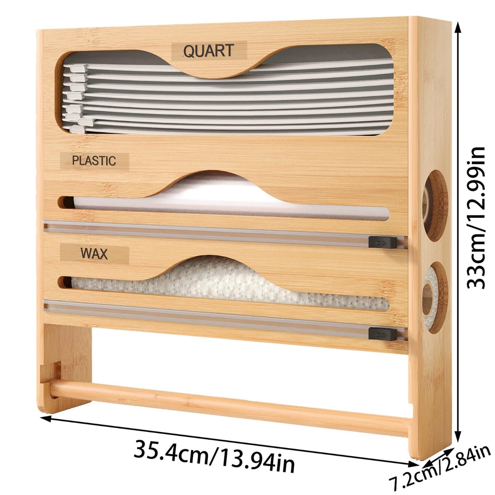 Dispenser e taglierina per alimenti in bambù, 5 in 1, pellicola in plastica da parete, bancone della cucina e porta sacchetti per congelatore, perfetto per soluzioni di conservazione degli alimenti