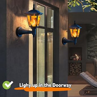 Dynaming 4 Pack Solar Flame Wall Lanterns, Outdoor Solar Powered Sconce Lights, Flickering Flame LED Lights Auto On/Off, Waterproof for Garage, Stair, Patio, Porch, Yard