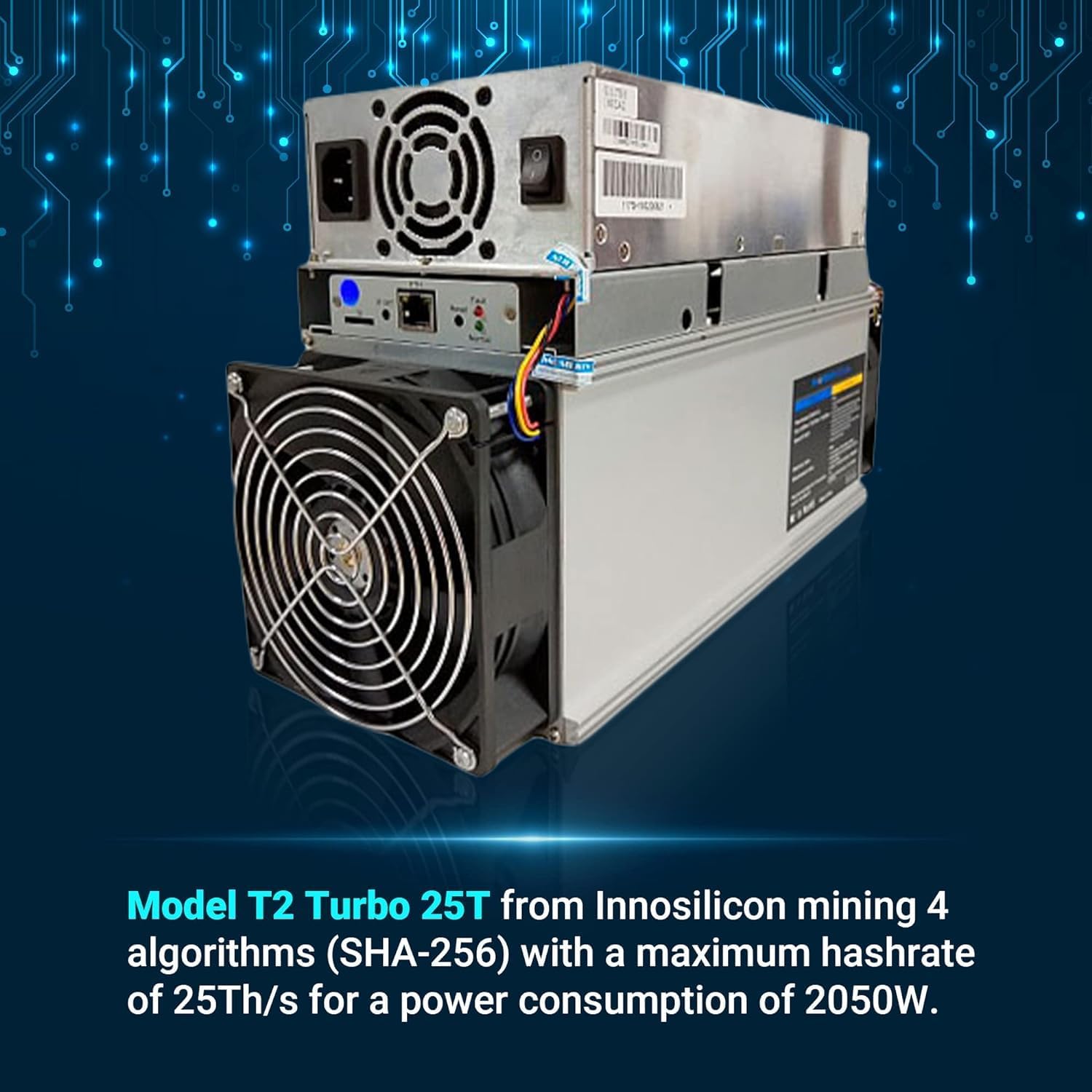 Innosilicon T2 Turbo (T2T) Bitcoin Miner with specifications overlay