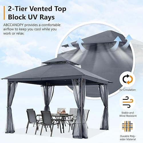 Miniatura 4 de ABCCANOPY Gazebo para patio al aire libre, 11 x 11 pulgadas, toldo de doble techo con mosquitera para patio trasero, terraza, jardín, césped, gris