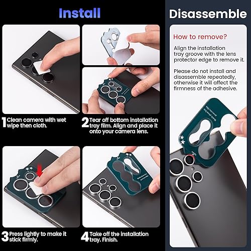 Miniatura 7 de Tensea Protector de lente de cámara compatible con Samsung Galaxy S25 Ultra, protector de pantalla de vidrio templado 9H, anillo individual