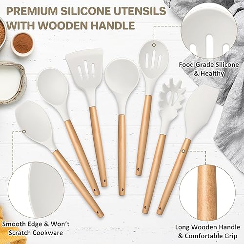 Miniatura 3 de TeamFar Juego de 7 utensilios de cocina de silicona, herramientas de cocina con mango de madera, para freír y mezclar, no tóxicos y resistentes al