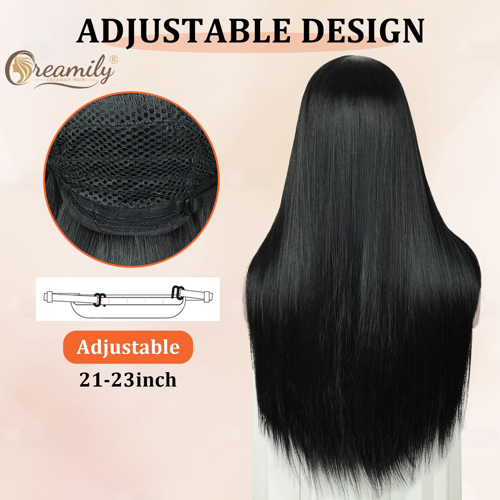 Creamily Long Straight Artificial Hair Wig for Woman Full Head for Chemo Patient,Black Natural Hair Wigs for Daily Party/Halloween Use (Black, 24 Inches) 2
