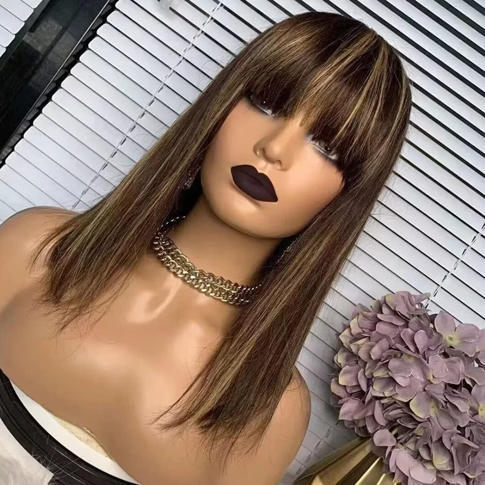 Highlight Ombre 4/27 Color Shoulder Bob 13X4 HD Invisible Lace Front Wig Human Hair with Bang Ombre Straight Short Bob HD Lace Wigs for Women with Bleached Knots 150 Density Brazilian Remy Hair 10"