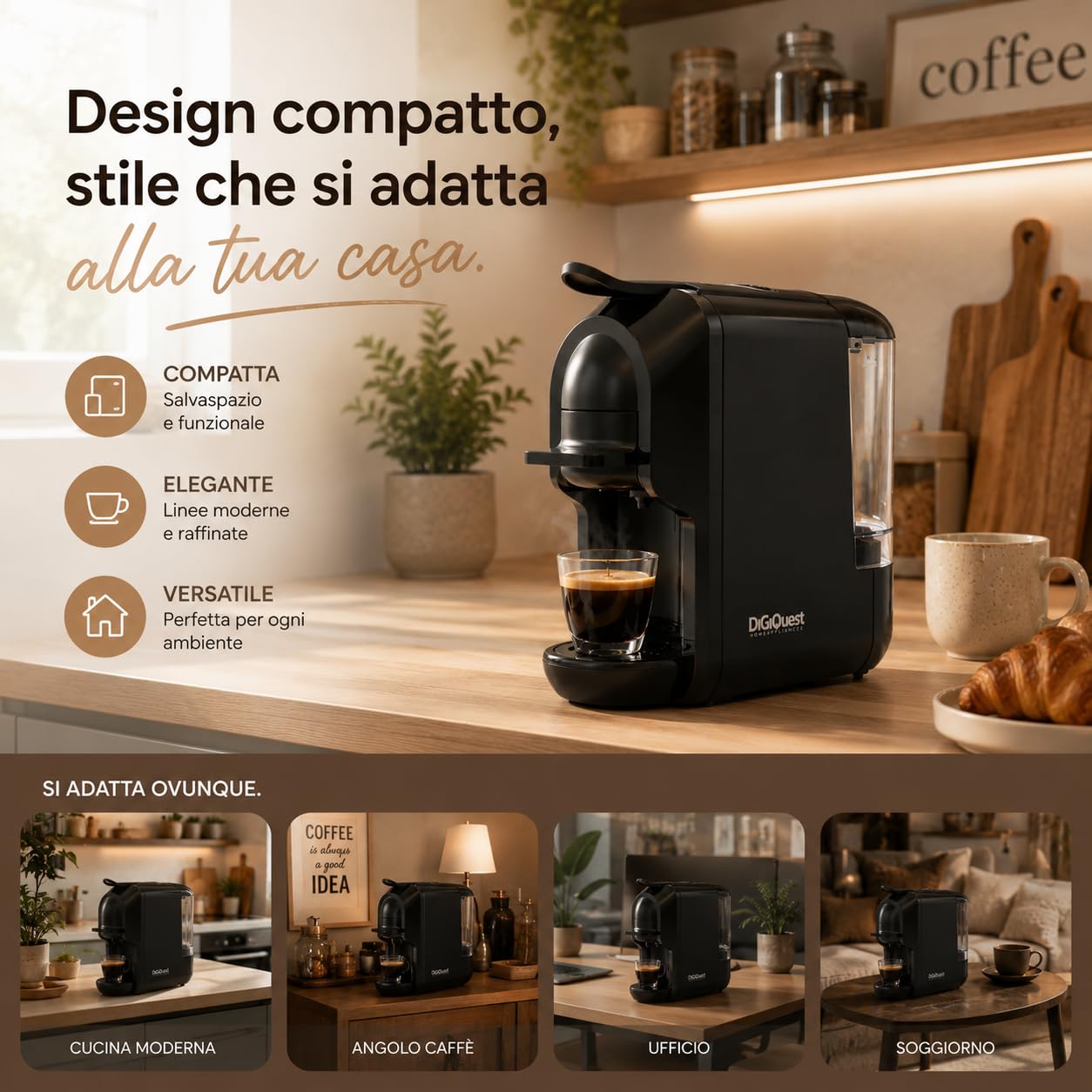DIGIQUEST Macchina da caffè COFFY BLACK 3in1 compatibile con cialda, capsule Nespresso® e Lavazza® A Modo Mio® | Caffè corto e lungo | Potenza 1450 W | 0,6 Litri | 19 Bar