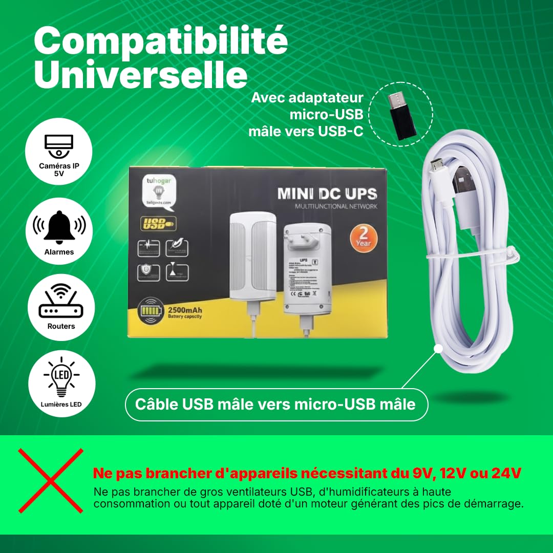 Mini UPS 5V Onduleur de Grande Capacité | Batterie Interne 2500mAh Et Connecteur USB | Système d'alimentation Ininterrompue Onduleurs pour Box Internet, Caméras Et Micro Onduleur 5V (Max. 2A)
