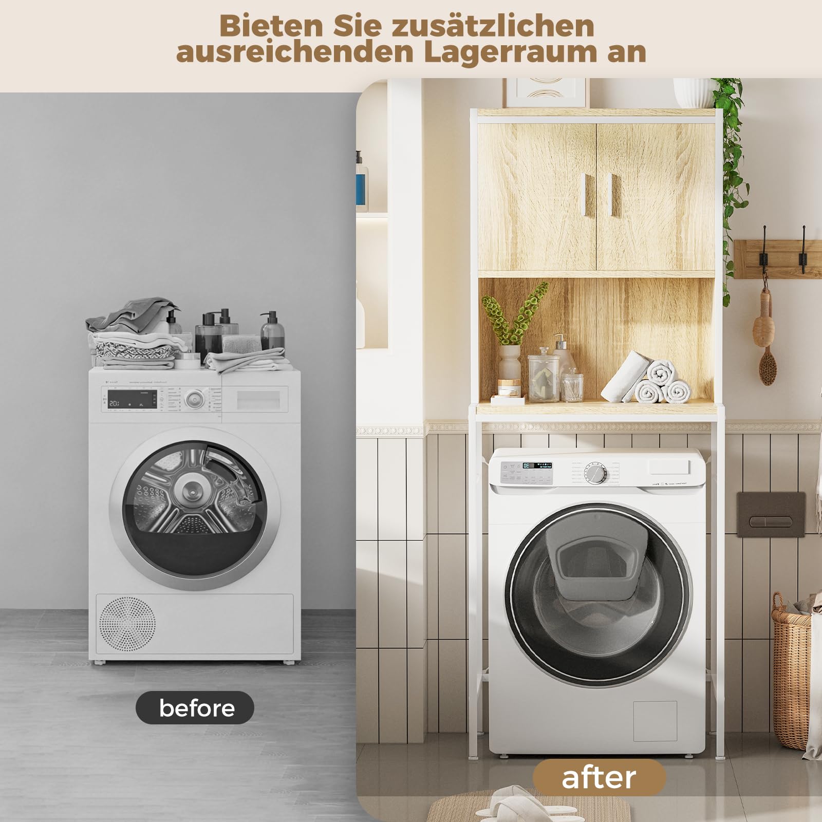 ELUCHANG Mobile Lavatrice,con Ante e Ripiano Aperto,mobile alto per bagno,Mobiletto Bagno Salvaspazio,Rovere Chiaro +Bianco,67x40x174cm