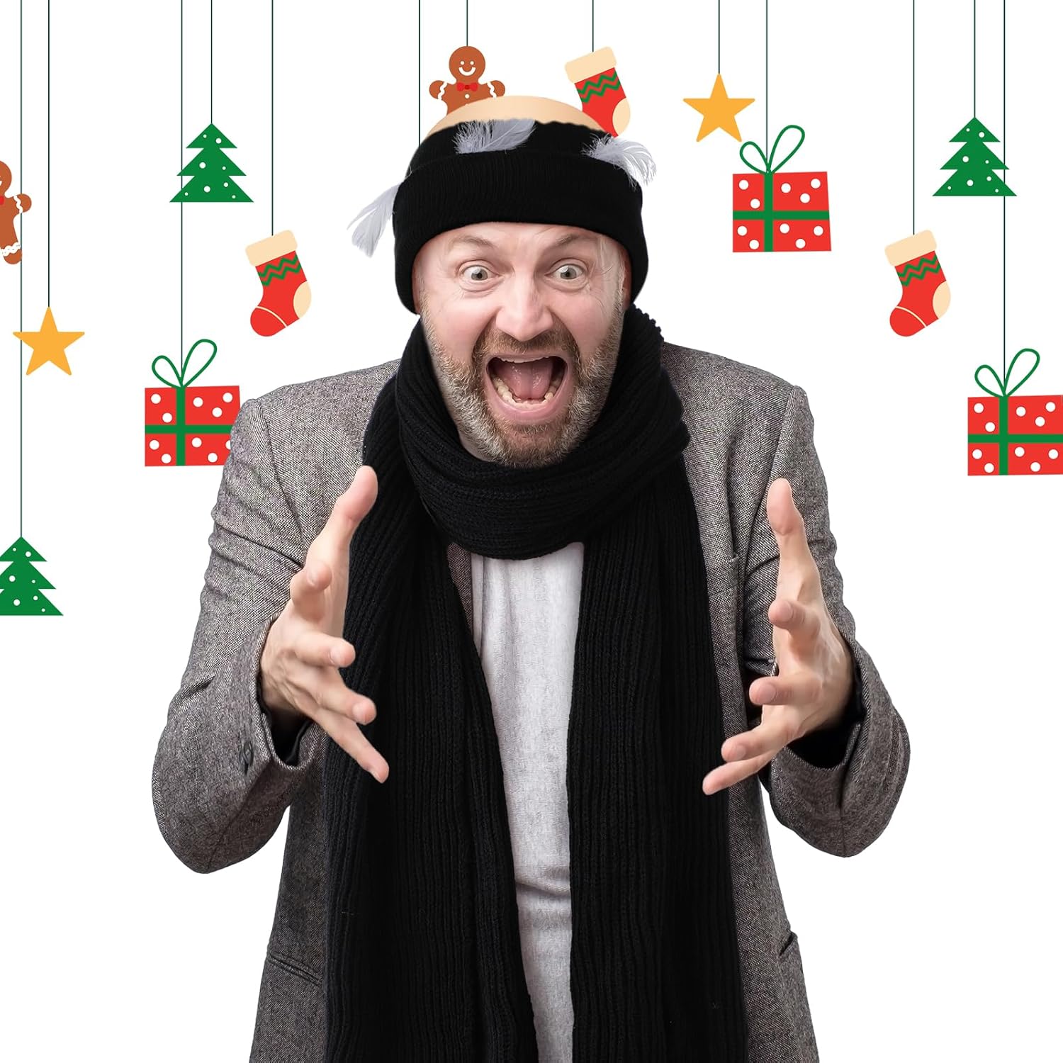 Mepase 6 Pcs Christmas Funny Movie Costume Include Beanie Hat Scarf Skin Headgear Gold Fake Teeth with White Feathers Bulk for Christmas Holiday Halloween Cosplay Party