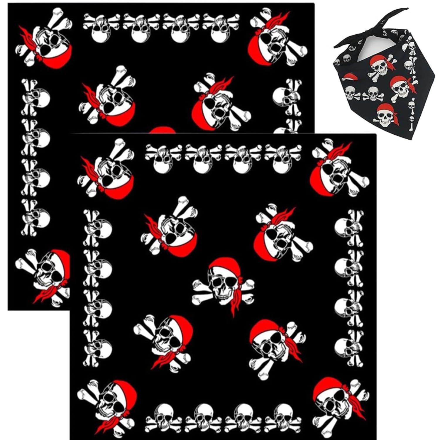 BOBOZHONG 2 Pcs Black Skull Bandana for Adults, Cotton Pirate Headband Unisex, Double Sided Head Scarf Wrap, Halloween Costume Accessory for Men Women Daily Use