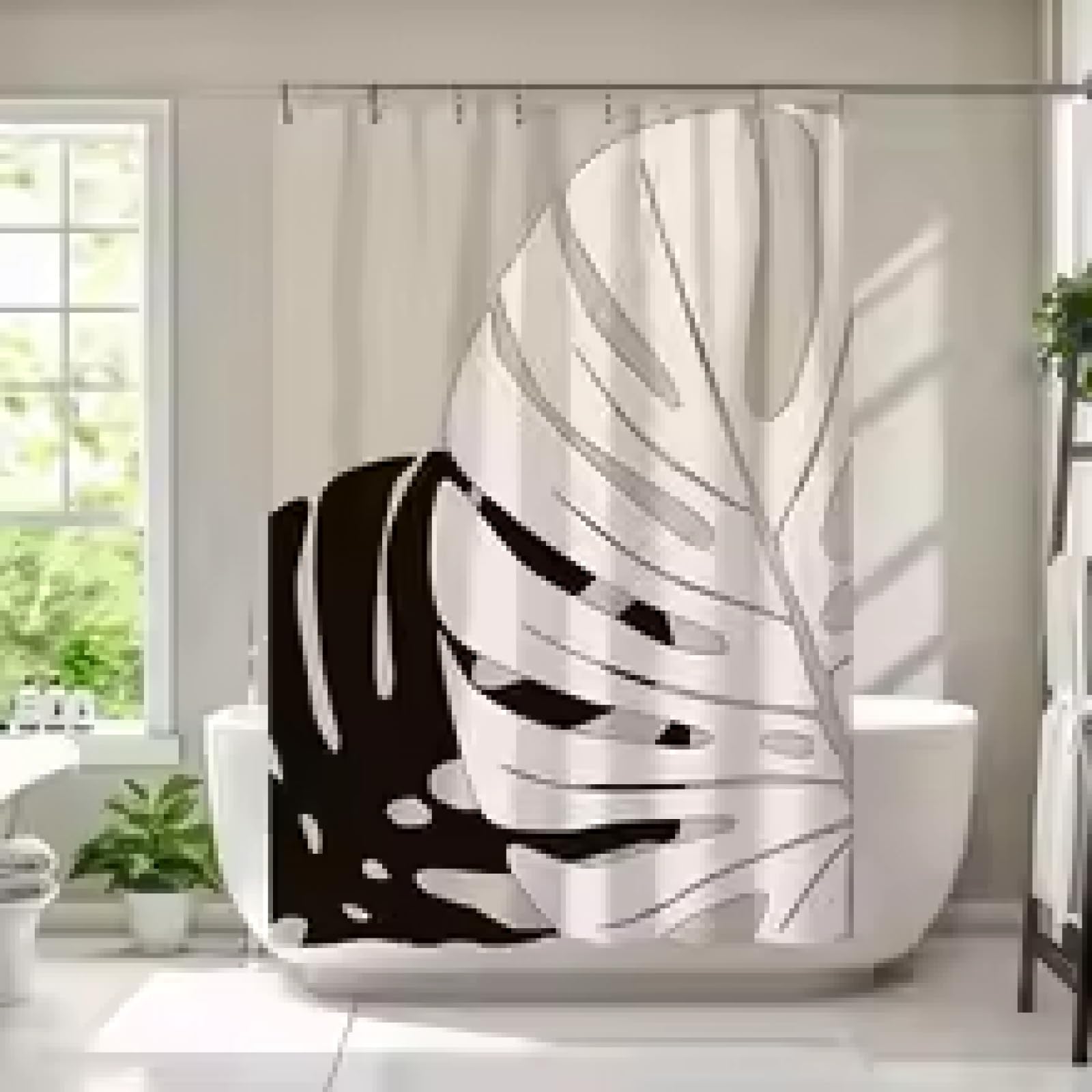 1 Cortina de Ducha con Estampado de Hojas en Blanco y Negro, Tela Impermeable, Cortina divisoria para baño Beige, 220 x 200 cm, Cortina de baño
