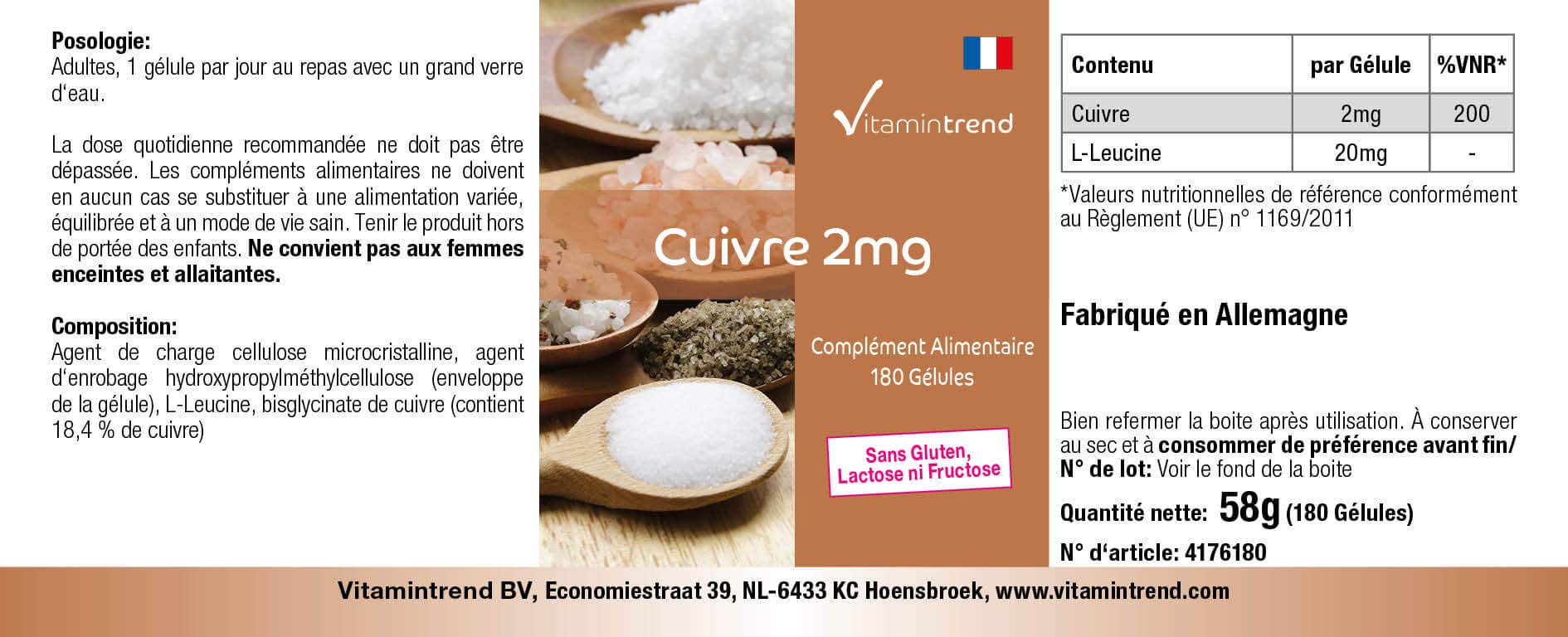 Vitamintrend rame 2 mg, 180 capsule, facili da deglutire, ad alto dosaggio, integratore alimentare vegano senza magnesio stearato, prodotto in Germania