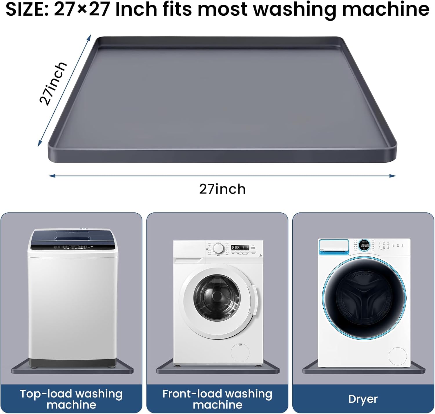 2-Pack Silicone Washing Machine Drip Pan - 27X27 inch Washing Machine Tray with Raised Edge, Non-Slip Trays for under Washer and Dryer, Washer Tray for Floor Protection, Washer Drain Pan (Gray)