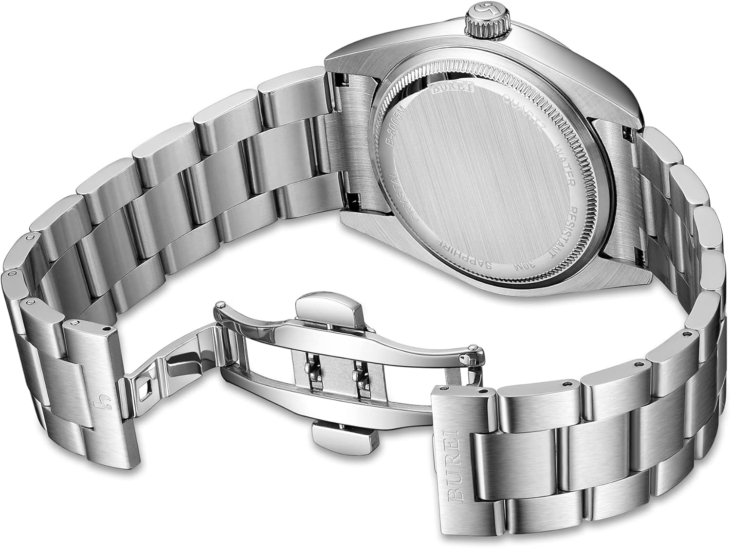 BUREI Men's Quartz Analogue Watch, Stainless Steel Band, Classic Business Dress Watch with Silver Dial