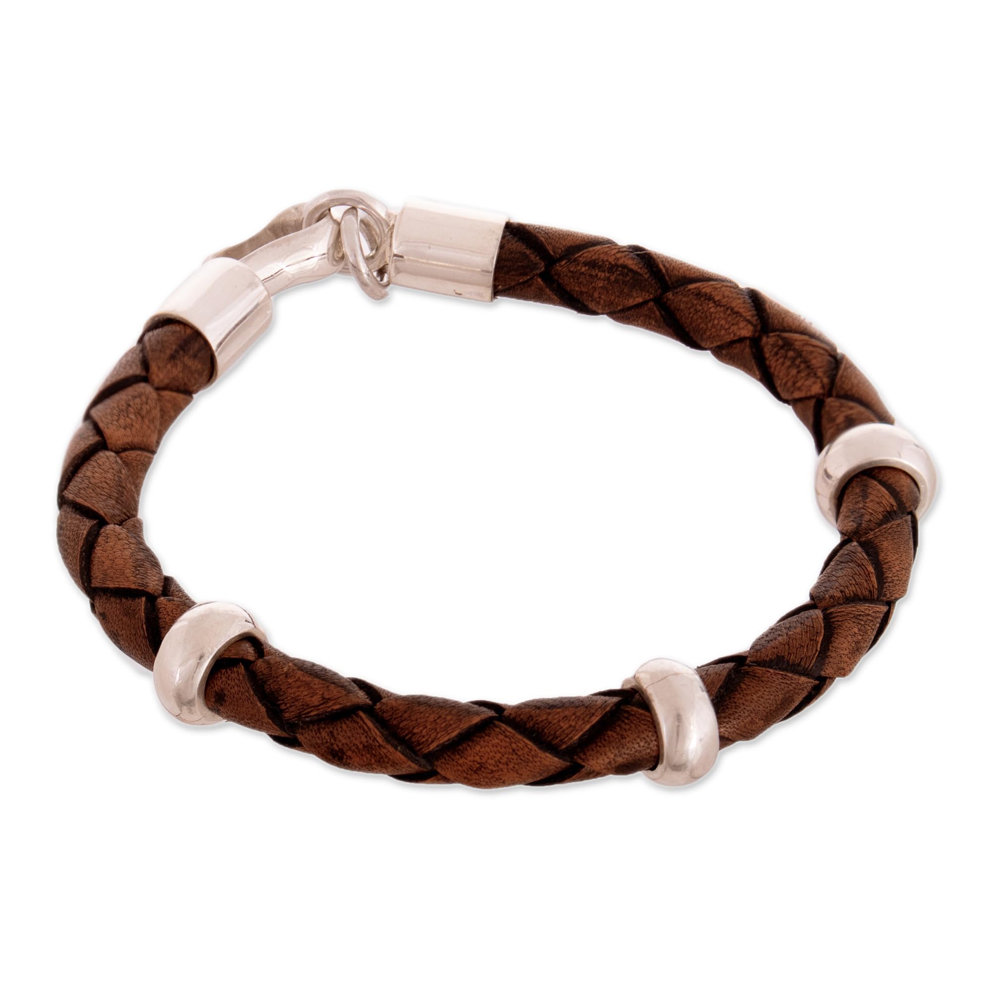 Handmade Men's Leather Bracelet With Sterling Silver - Braided Peruvian Design, 'Chankas Warrior', 8.75 Inch, Cognac Brown