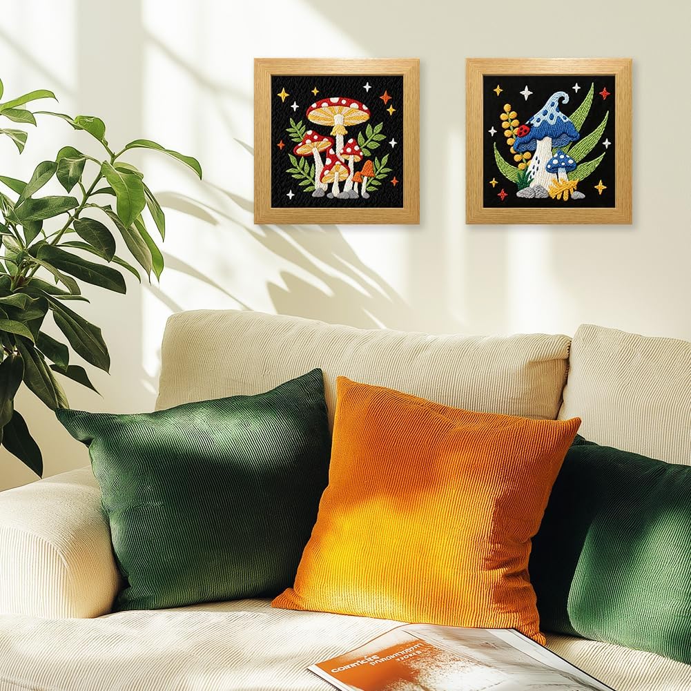 INFUNLY 2PCS Mushroom Punch Needle Kit for Beginners Art Night Mushroom DIY Punch Needle Embroidery Starter Kit Handcraft Needlepoint Set with Plant Pattern Instruction for Festival Gift Home Decor