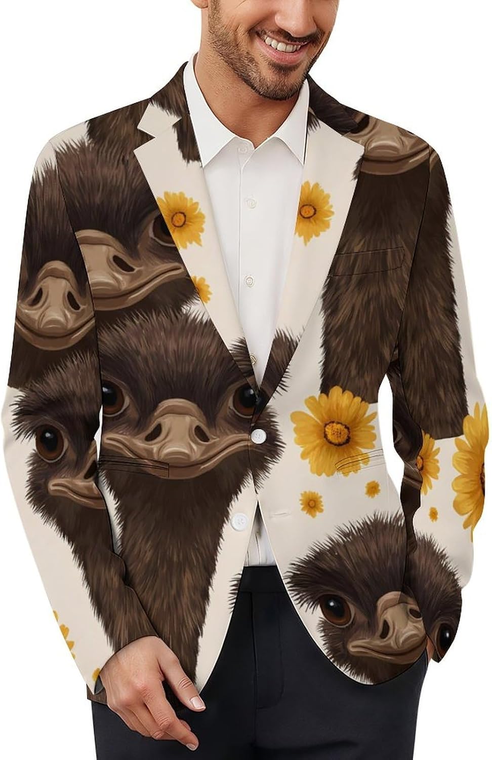 Ostriches with Flowers Suits Blazer for Men Buttons Jacket Coat Business 6X-Large