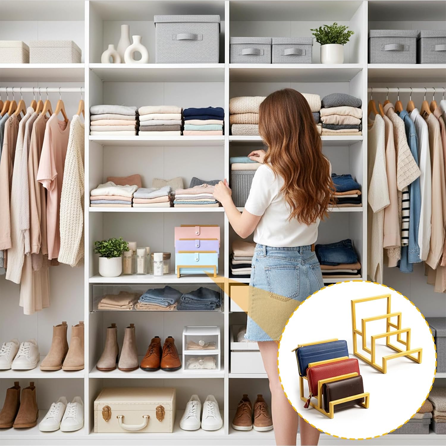 2 Pack Purse Organizer for Closet Display, 3 Layer Gold Wallet Display Riser Stand Clutch Purse Organizer Metal Wallet Rack for Handbag Home Retail Boutique Store Supplies