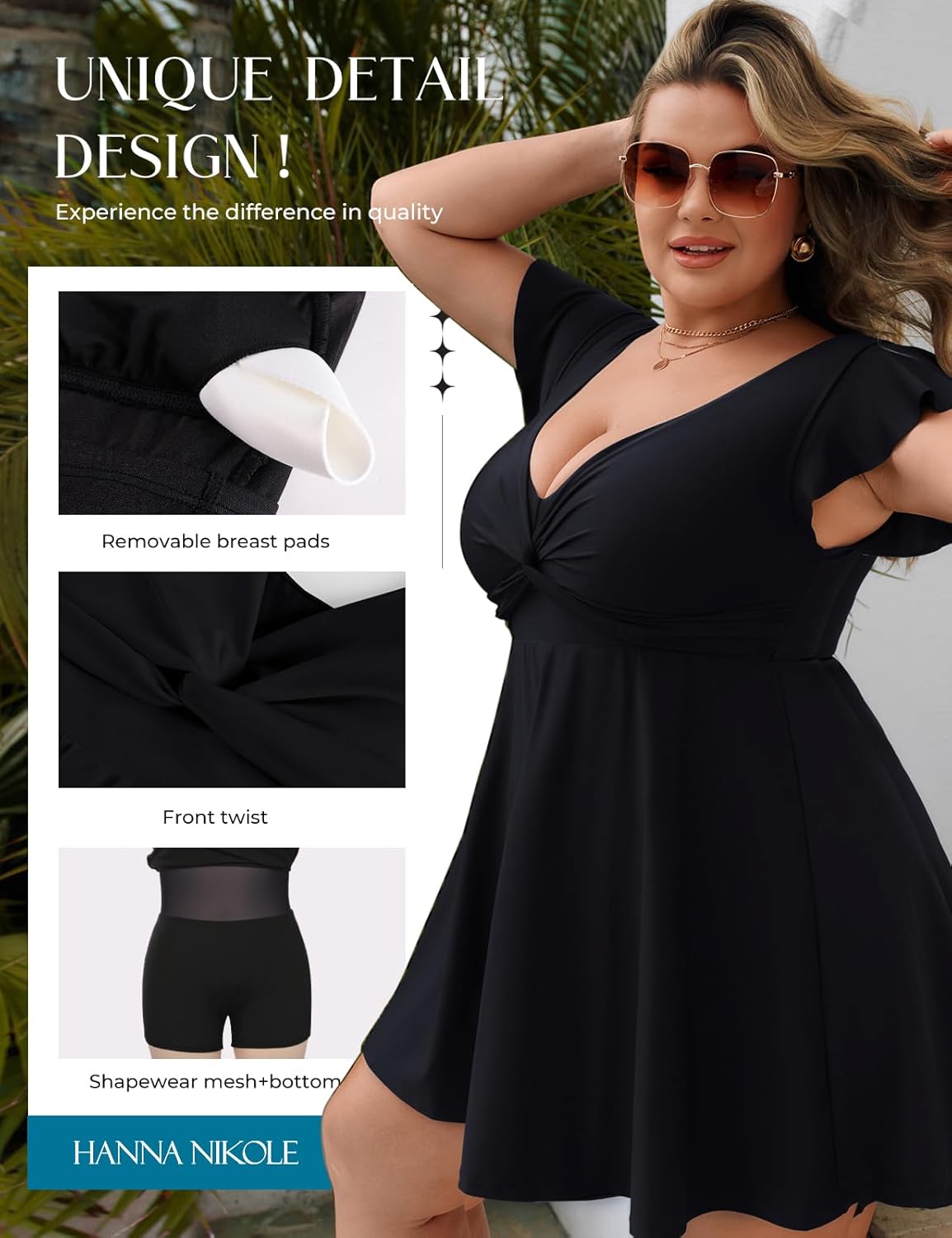 Hanna Nikole Womens Plus Size One Piece Swimsuits, Tummy Control Swimdress, Slimming Full Coverage Push Up Beachwear Black 22 Plus - Image 5