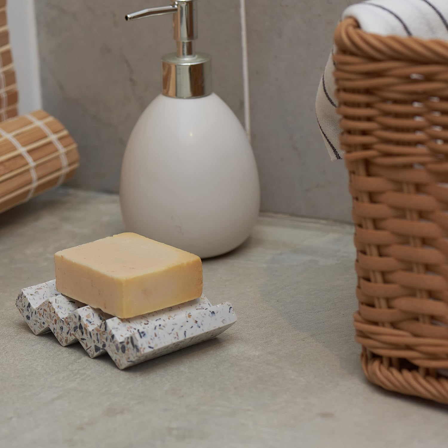 Tapeera Zig Zag Terrazzo Self Draining Soap Dish for Shower - Concrete Soap Saver for Bar Soap Holder - Sponge Holder - Kitchen Soap Tray (White)