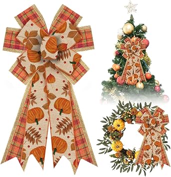 Estivaux Large Fall Pumpkin Wreath Bows for Front Door, Thanksgiving Natural Burlap Orange Buffalo Plaid Autumn Pumpkin Leaves Tree Topper Bows for Wreath Fall Thanksgiving Day Decorations
