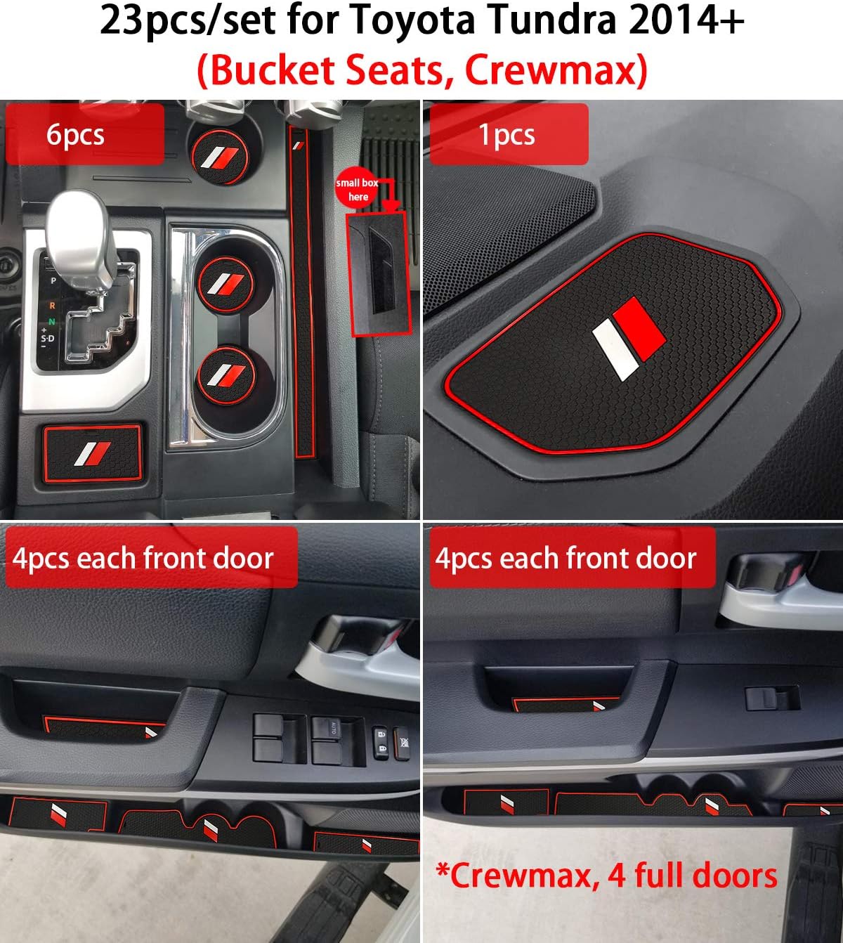 Auovo Anti-dust Mats for Toyota Tundra Accessories TRD Pro 2014-2021 Custom Interior Cup Holder Inserts Center Console Door Liners (Bucket Seat, Crewmax, 23pcs, Red Trim)
