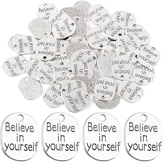 Framendino, 50 Pack Inspirational Words Charm Message Pendant Believe in Yourself Charms Beads for Jewelry Making Craft Supplies
