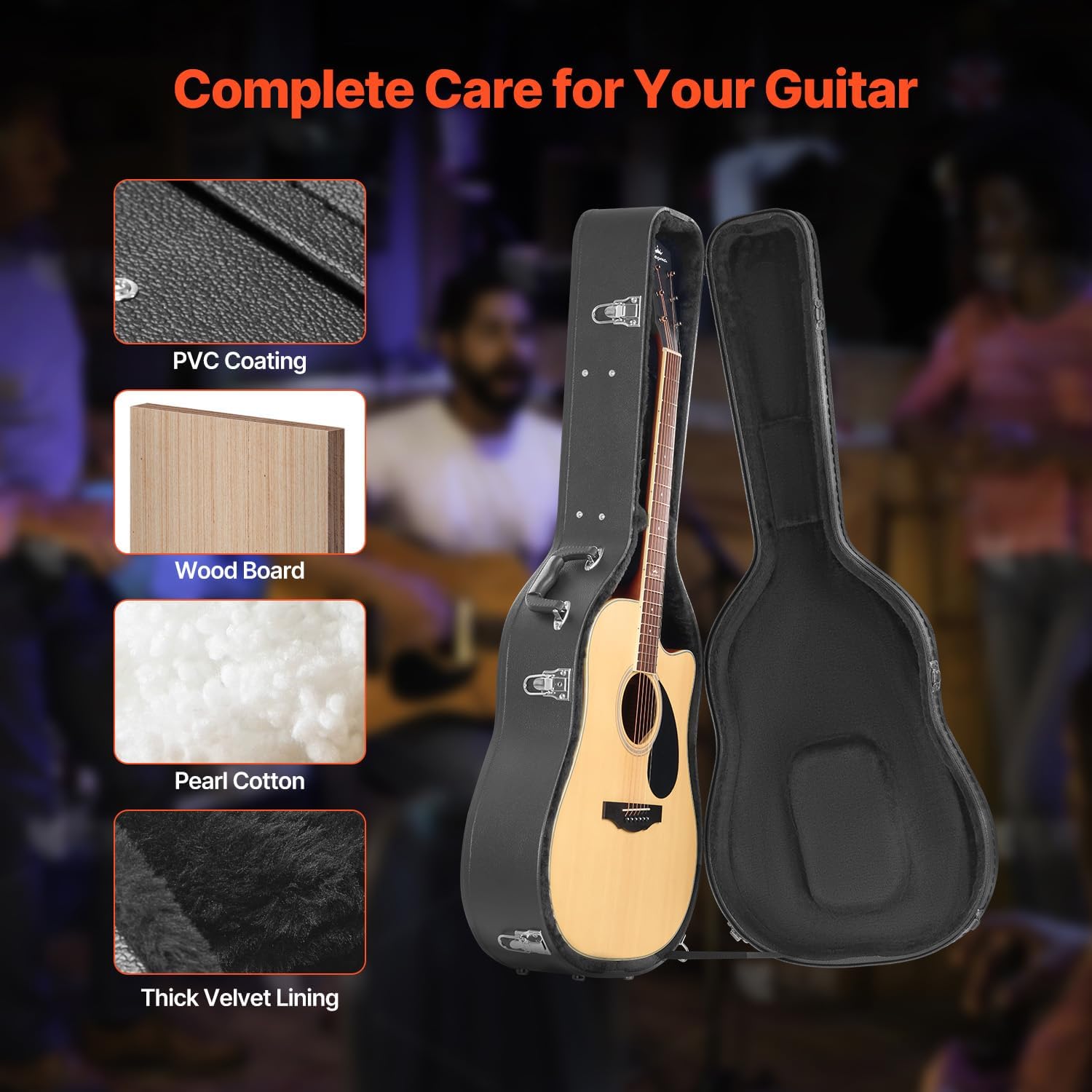 Happybuy Acoustic Guitar Hard Case, 43.31 in Gourd-Shaped, With Lock Key Handle, PVC Padding Lining, Water-Resistant Shell, for 39-41 in Guitar, Black