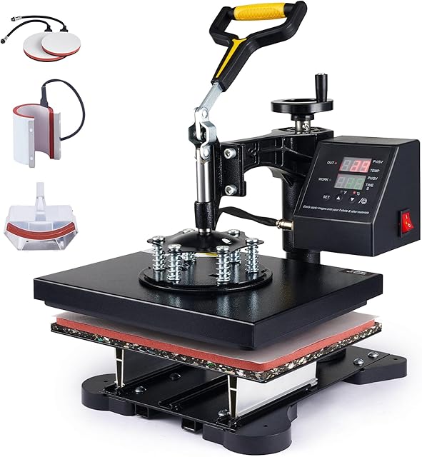 CREWORKS 5 in 1 Heat Press Machine, 30x22cm 600W Professional Heat Press, 360 Degree Swivel Heat Press Machine for T-Shirt Bag Mug Plate Hat More