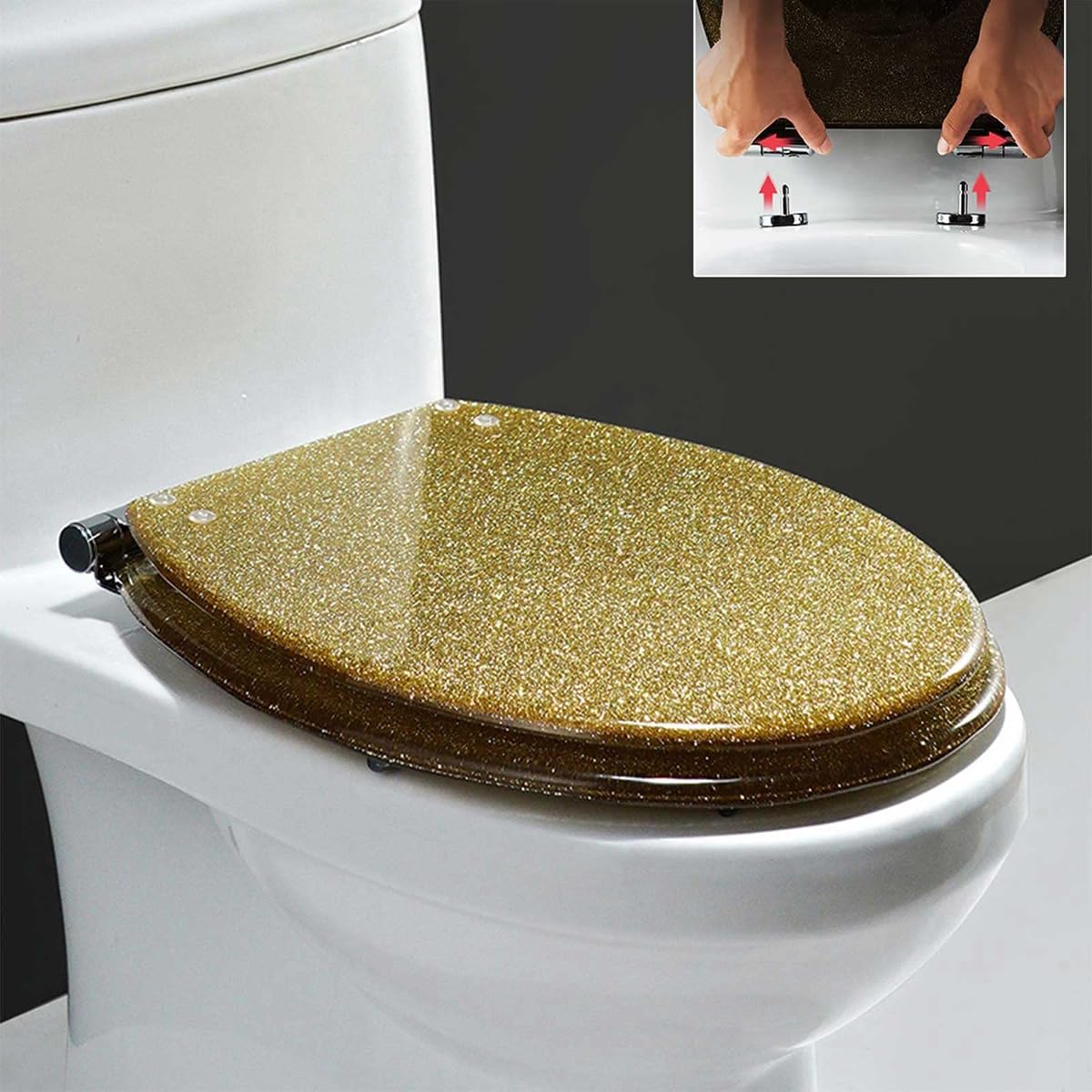 Gold Glitter Toilet seat, Quiet Close Adjust Adjustable hingequick Release Elongated, Lightweight, Durable, Portable, User-Friendly, Compact, Sparkly, Resin
