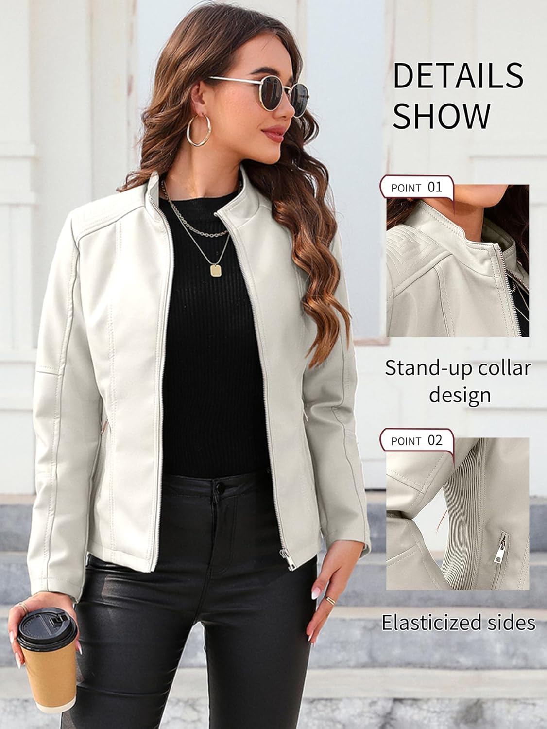 Bellivera Faux Leather Jacket Women Motorcycle Zipper Bomber PU Bike Coat with Pockets - Image 5