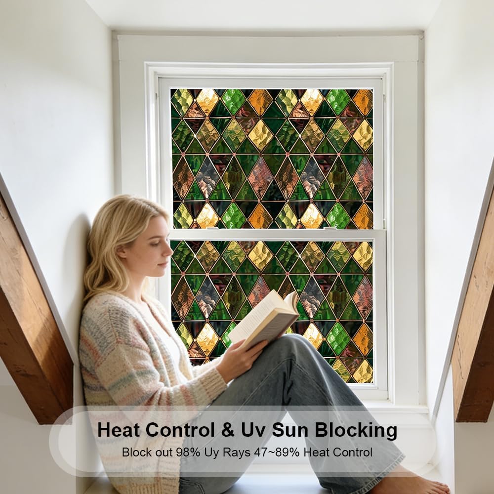 Window UV Protection Rainbow Privacy Film:Non-Adhesive Static Cling Decorative Window Film with Installation Tools,Stained Glass Window Film for Kitchen,Bathroom,and Shower Doors,16.9 x 39.4 inches.