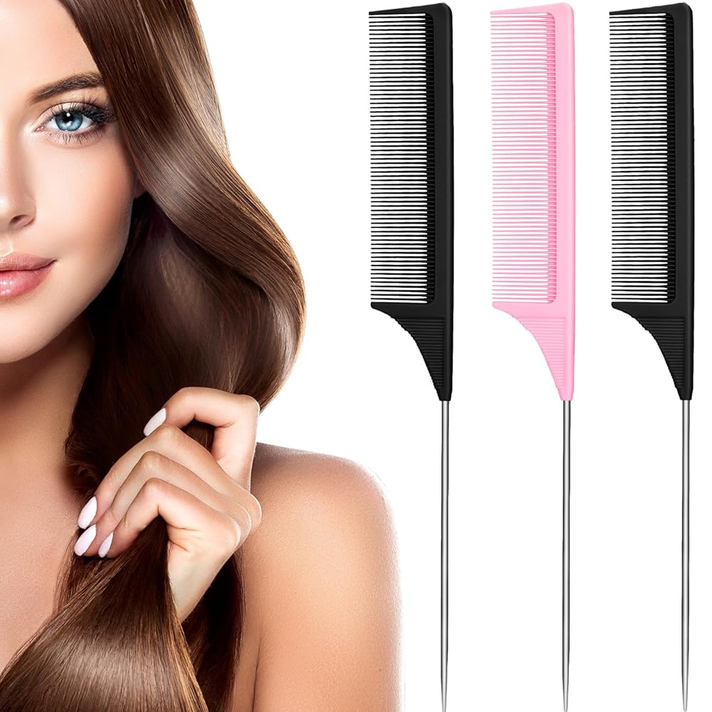 Leinuosen 3 Packs Rat Tail Comb Steel Pin Rat Tail Carbon Fiber Heat Resistant Teasing Combs with Stainless Steel Pintail (Pink, Black)