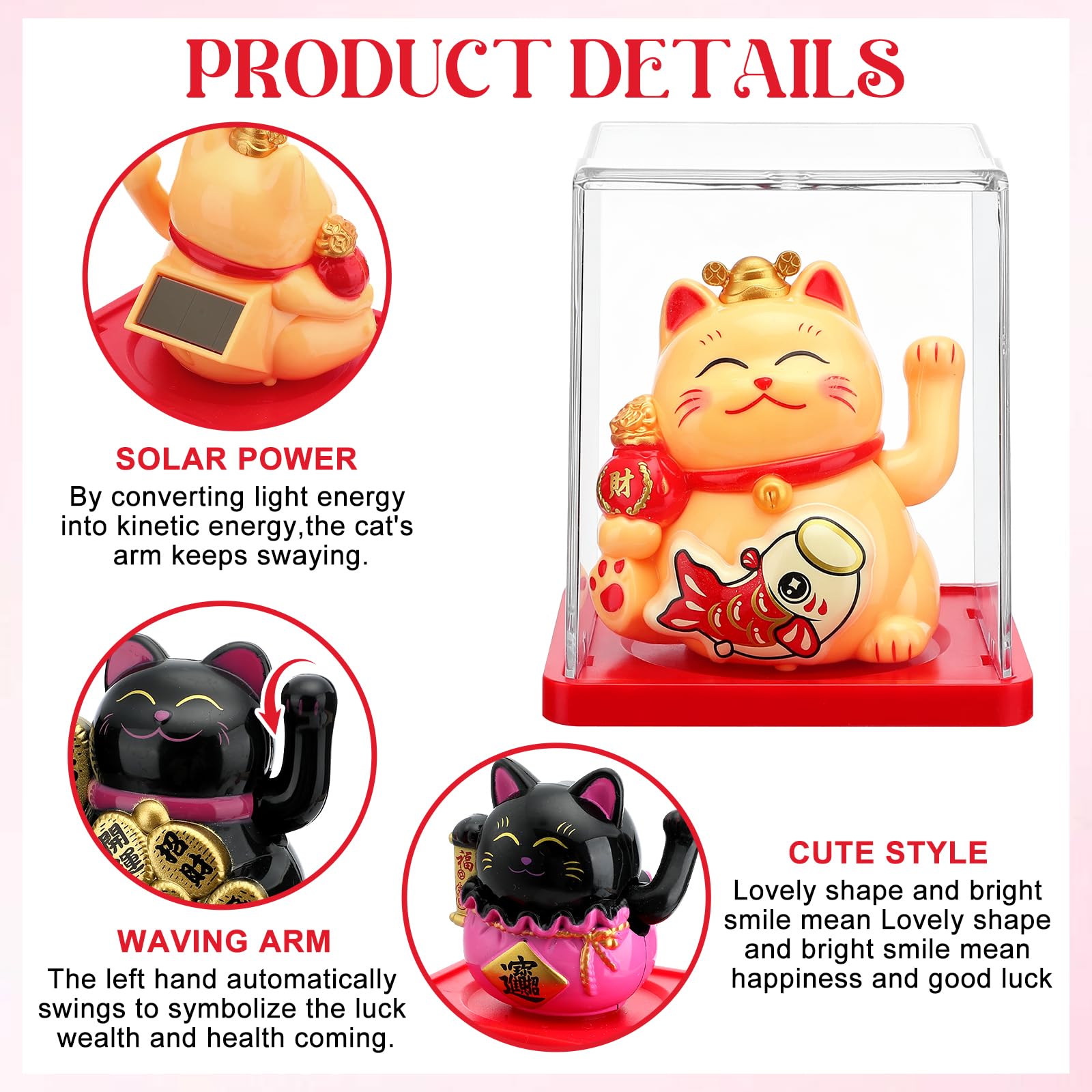 6 estatuas de gato de la suerte con brazo ondulante alimentado por energía solar, decoraciones vívidas y encantadoras de gato chino Maneki Neko Lucky Beckoning Feng Shui Fortuna Riqueza Gato