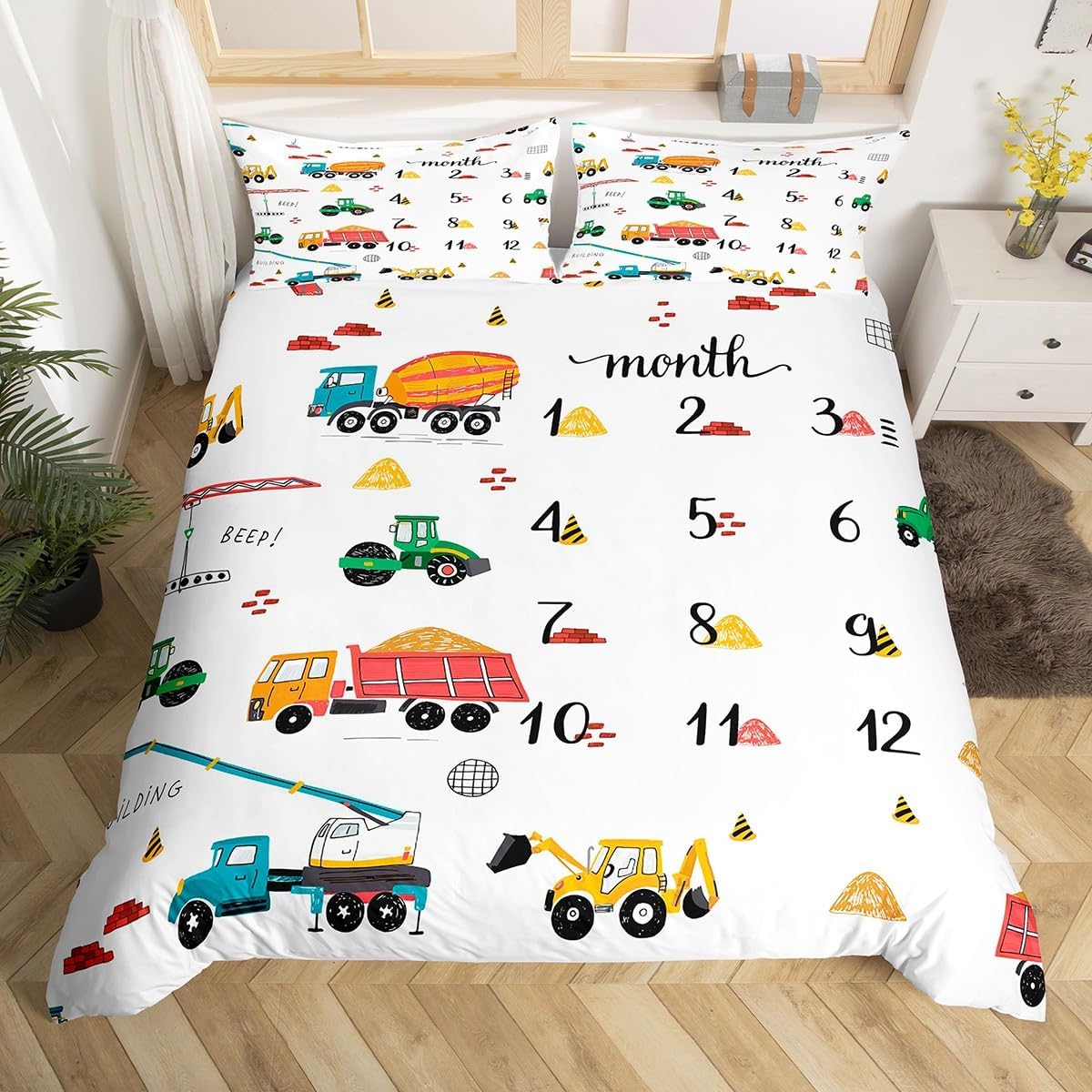 Feelyou Equipment Trucks Duvet Cover Excavator Tractor Bedding Set for Kids Boys Construction Comforter Cover Set Queen Size Educational Numbers Theme Yellow Red Bedspread Cover 3Pcs Zipper