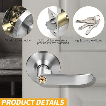 Door Handle Lock with Keys, Security Door Locks for Bedrooms with Adjustable Latch Privacy for Bathrooms Kitchen Office Internal (Silver 25mm-45mm)