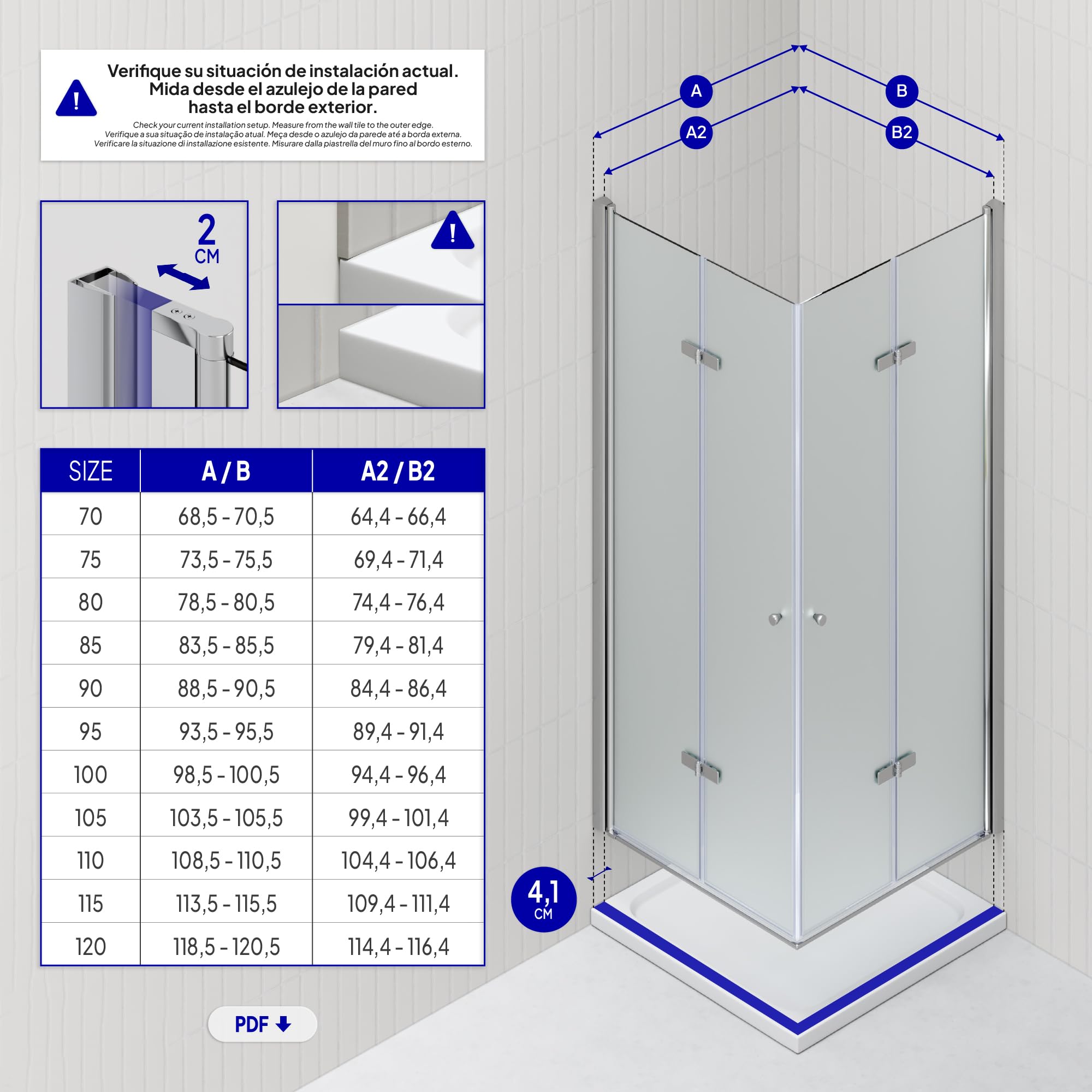Mampara de Ducha Emma 90x90x190cm, NO REVERSIBLE, Puertas Plegables, Ajuste 88.5-90.5x88.5-90.5cm, Perfiles Cromo, Cristal Templado Satinado 6mm