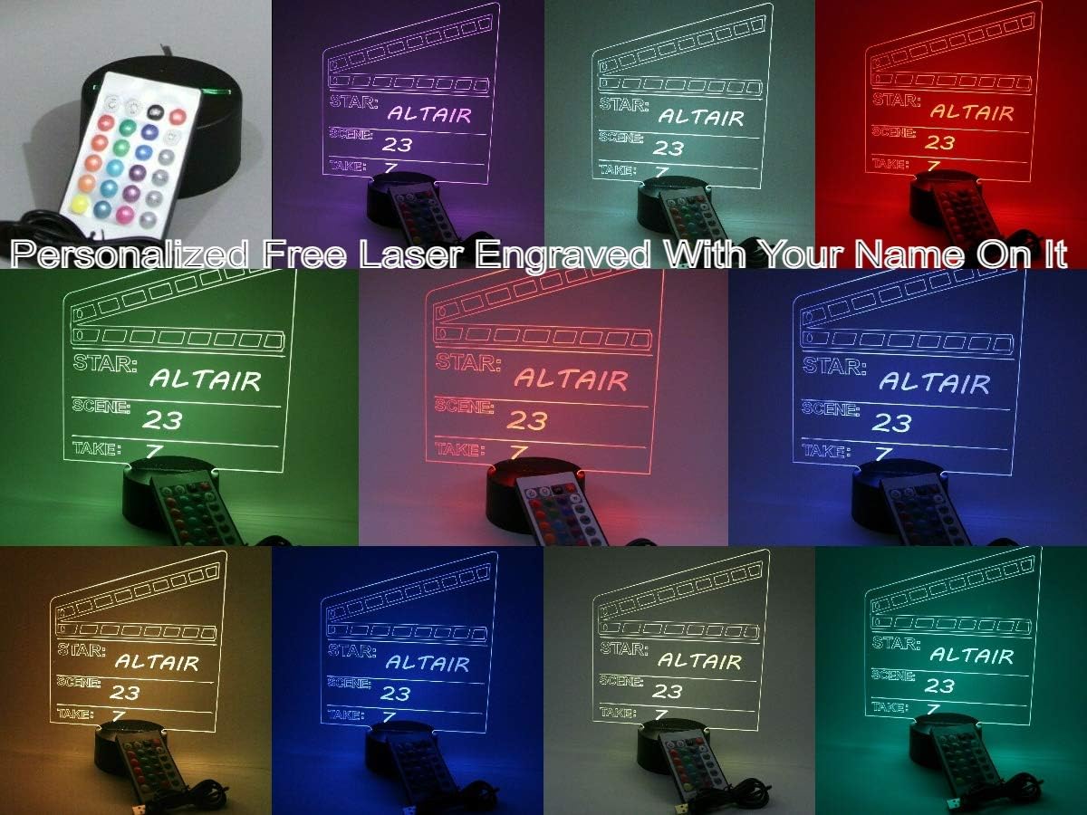 Director Film Clapboard Action Scene Clapper Board Movie Night Light Up LED Free Engraved Custom Name Personalized Desk Table Lamp Room Decor, With Remote, 16 Color Options, It's WOW, Great Gift