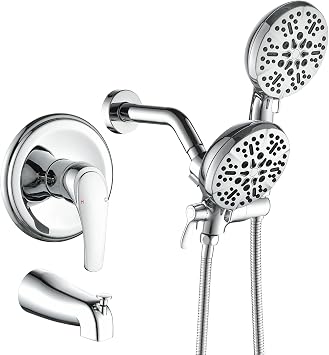 Dual Shower Faucet Set with Tub Spout Tub and Shower Faucet Set, Complete Double Shower Head and Handheld Shower System with Tub Spout Tub and Shower Panel Set, Polished Chrome