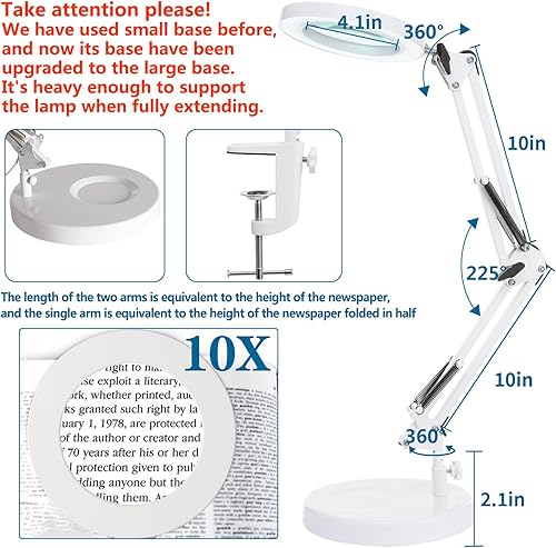Miniatura 27 de HITTI Lupa 10X con luz y soporte, atenuación continua, 3 modos de color, lupa LED, vidrio iluminado, lámpara de escritorio manos libres con Negro