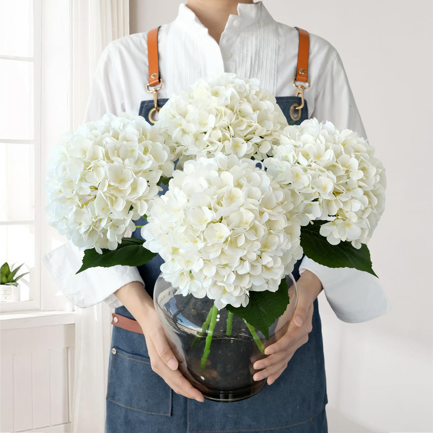 JINWOE White Hydrangea 4Pcs 22 Inch Silk