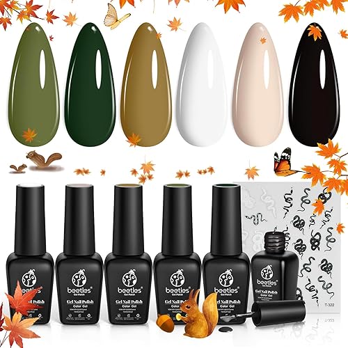 Beetles - Kit de 6 colores de esmalte de gel de uñas Viper's Kiss, colores blanco, negro, nude, verde oscuro con adhesivo de serpiente, lámpara de