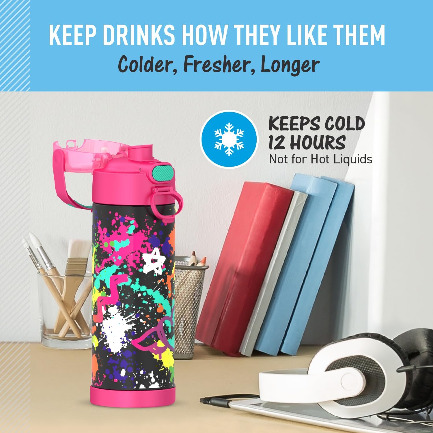 THERMOS FUNTAINER 16 Ounce Stainless Steel Vacuum Insulated Bottle with Wide Spout Lid, Graffiti Girl - Image 5