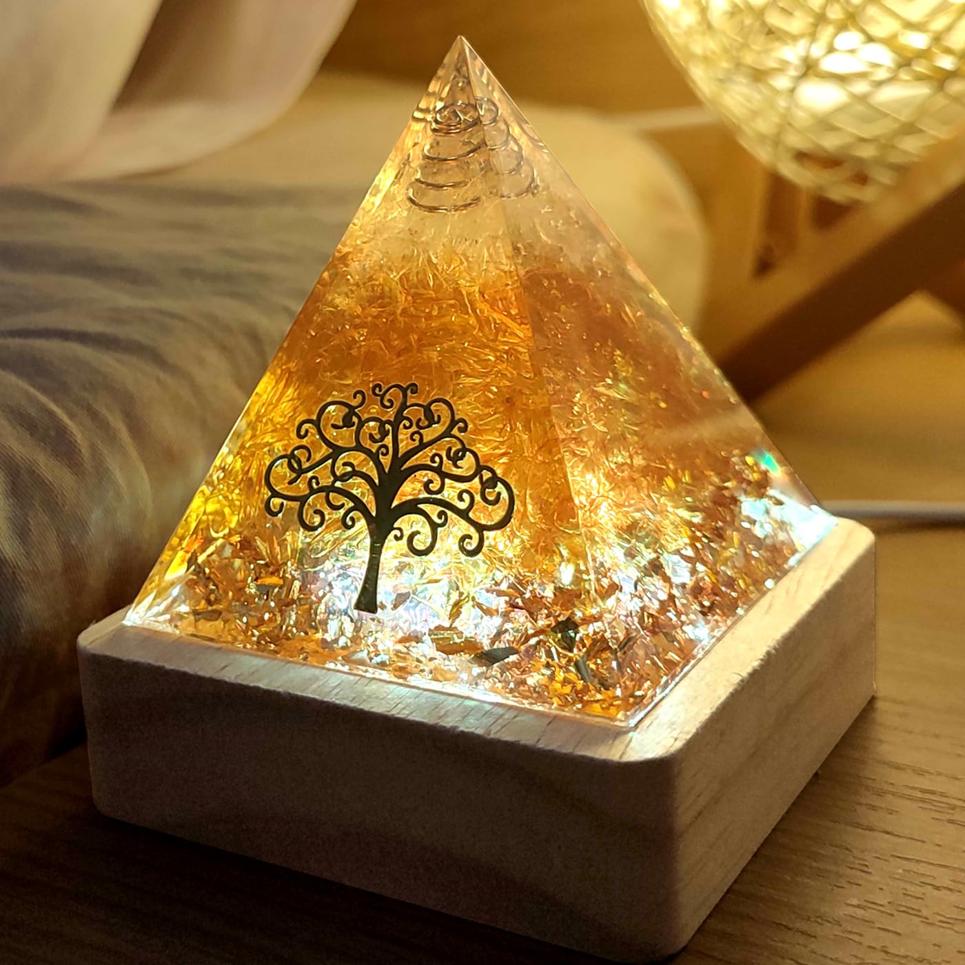 Citrine Meditation Orgone Pyramid with Light Base– with Tree of Life – Ideal Chakra Crystal for Optimism Positivity Financial Abundance Luck Wealth Succes