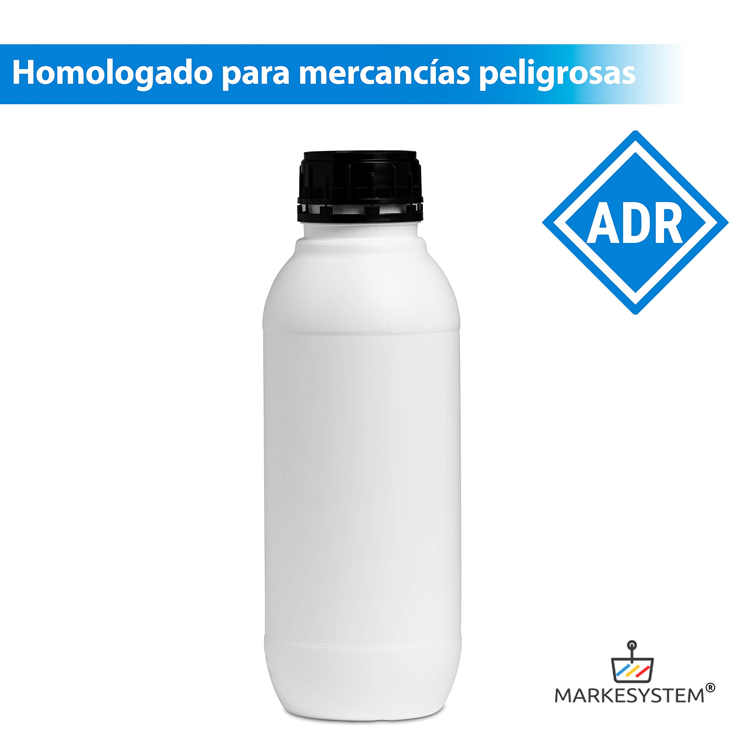 Botella blanca 1 Litro (20 Botellas) de plástico, cierre rosca boca ancha - Catering Industrial, Líquidos, Cosmética, Químicos, ADR + Kit Etiquetado, Apta para uso alimentario
