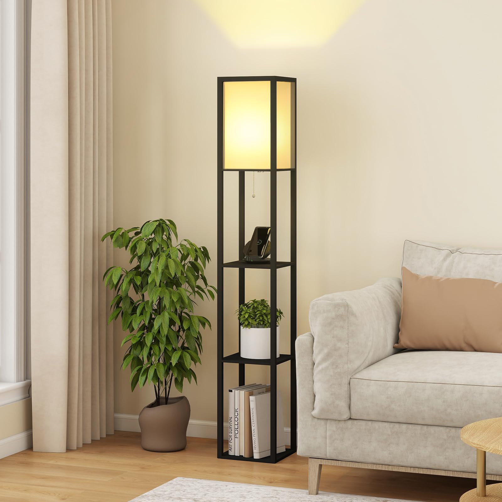 Fullwatt Stehlampe mit Holzregal Innenbeleuchtung Holz Stehleuchte mit Regalen für Schlafzimmer und Wohnzimmer (schwarz)