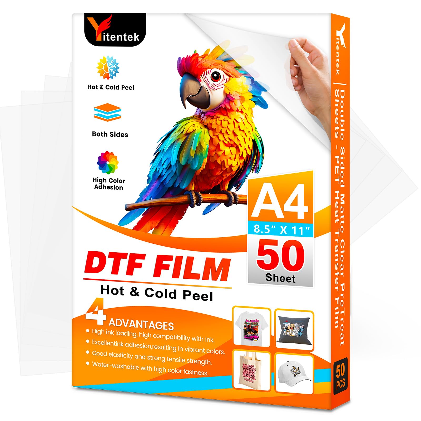 Yitentek A4 DTF Transfer Film, 8.5" x 11" Double Sided Matte PreTreat Heat Transfer PET Sheets for DTF Inkjet Printer, DTF Paper Direct Print on T-Shirts Textile, Hot & Cold Peel, 50 Sheets