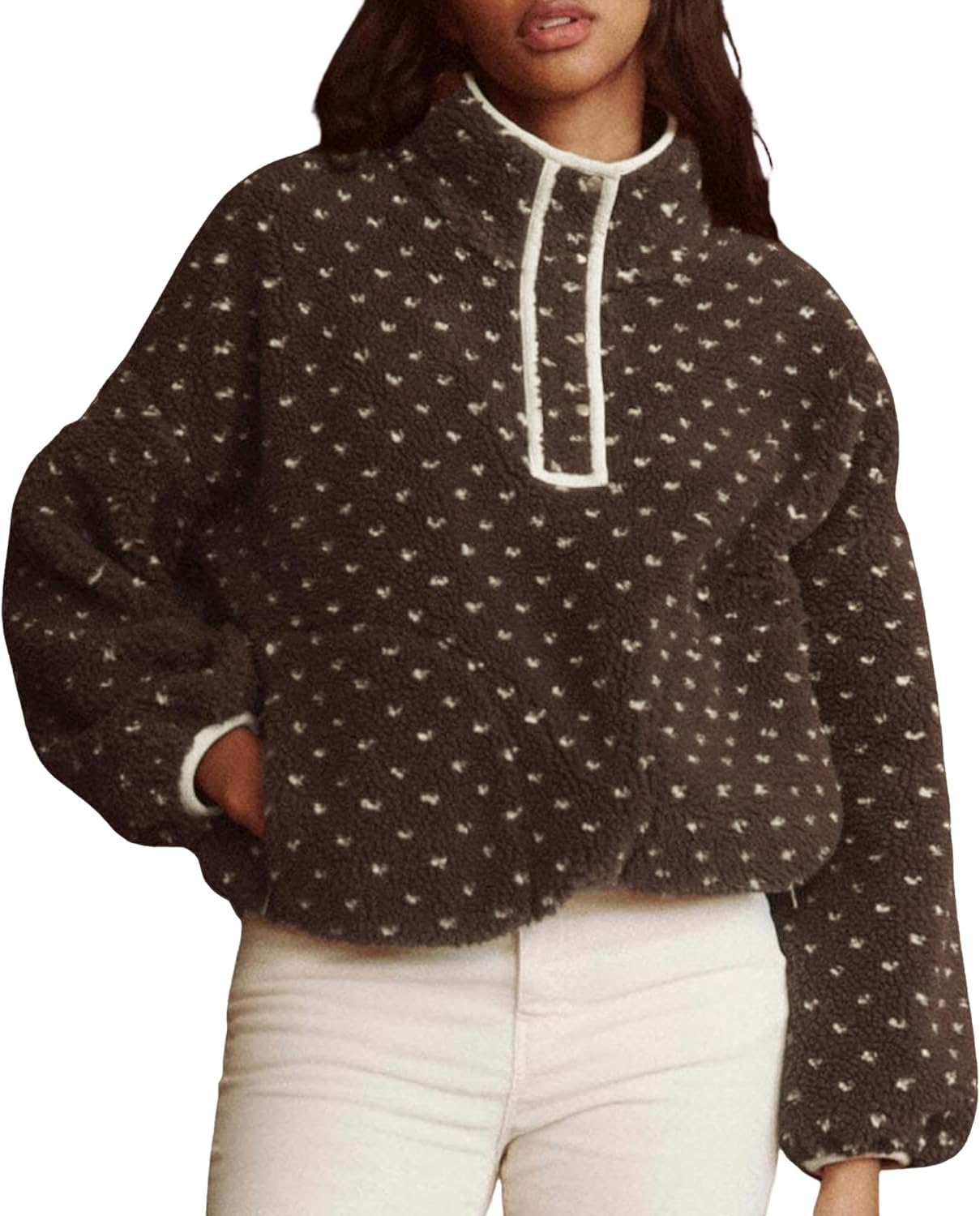 Hixiaohe Fleece Sweatshirt for Women Winter Long Sleeve High Neck Fuzzy Sherpa Pullover Jacket Warm Outerwear with Pockets