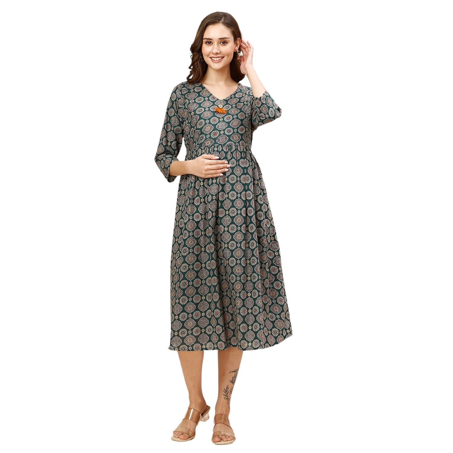 momtobe Women's Fit And Flare Below The Knee Rayon Maternity Dress/Pregnancy Dress/Easy Breastfeeding Dress/Western Dress with Zippers for Nursing Pre & Post Pregnancy ()-picture-41